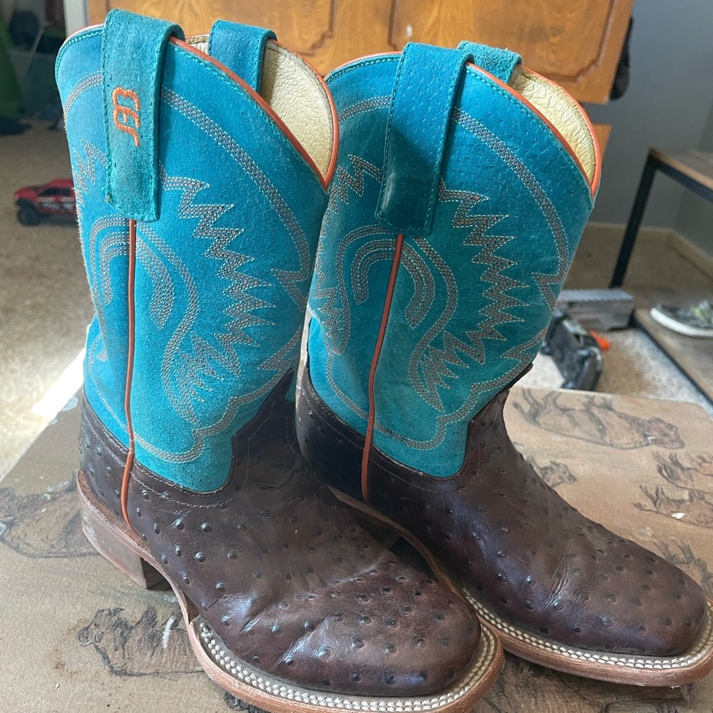 Anderson Bean Kids Turquoise & Chocolate Ostrich Print Boots